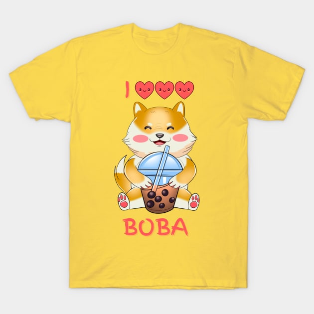 I Love Bubble Tea, Shiba Inu Drinking Bubble Tea, funny Japanese Sticker T-Shirt by Ken Adams Store